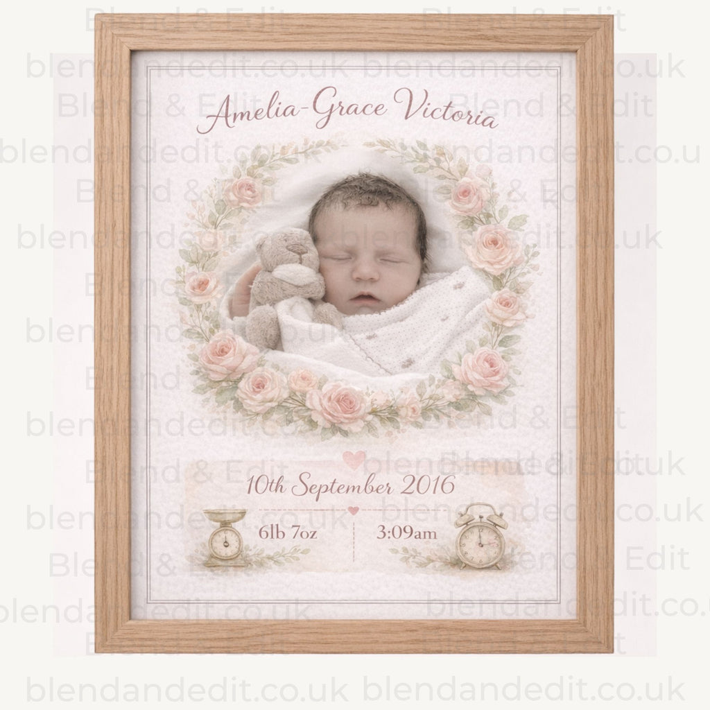 Personalised Baby Birth Stats Watercolour Print – Custom Keepsake Artwork