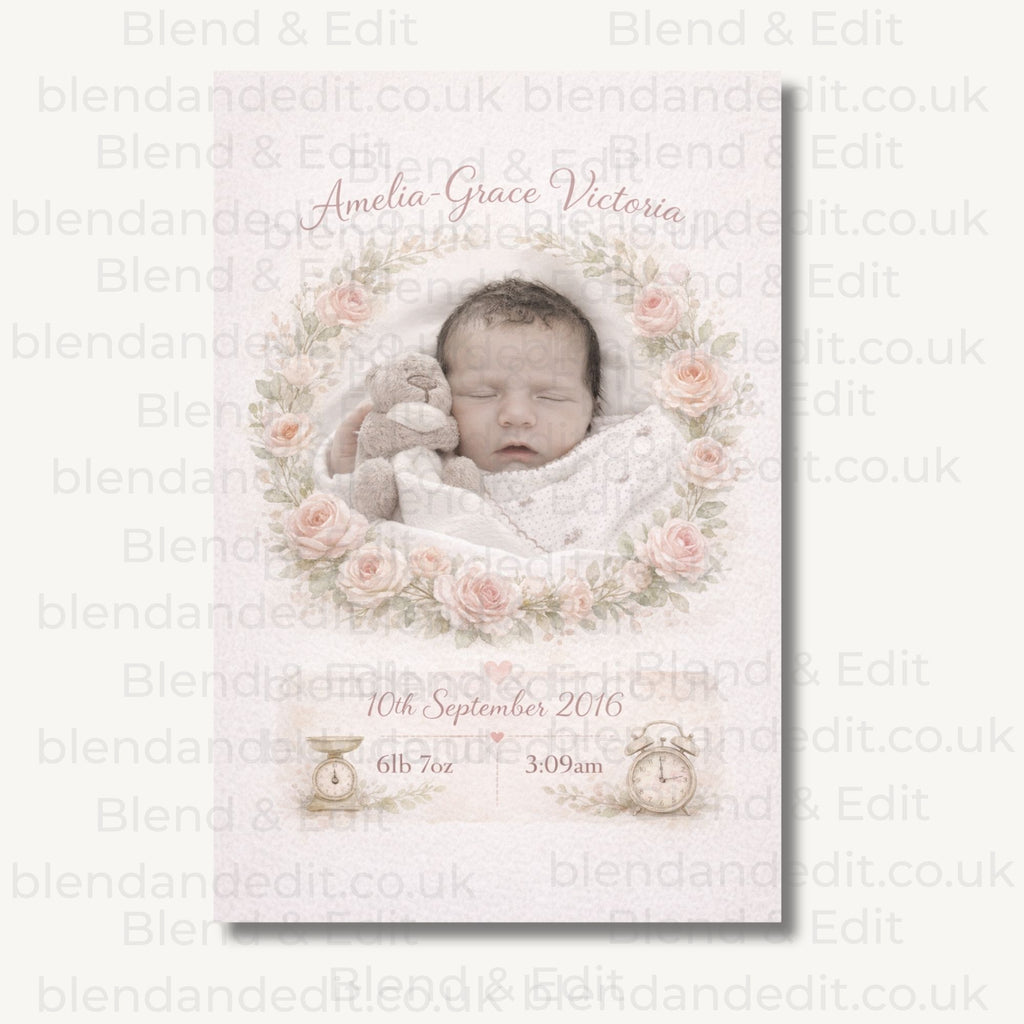 Personalised Baby Birth Stats Watercolour Print – Custom Keepsake Artwork