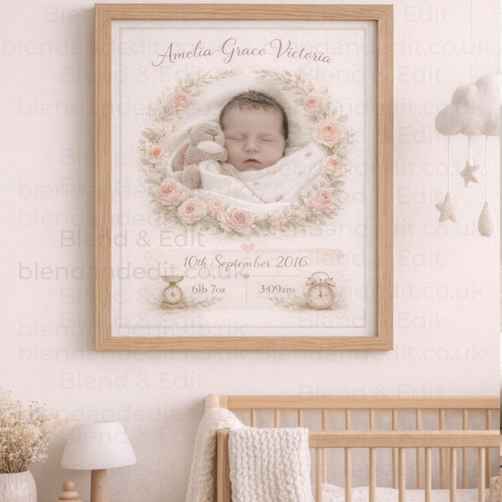 Personalised Baby Birth Stats Watercolour Print – Custom Keepsake Artwork
