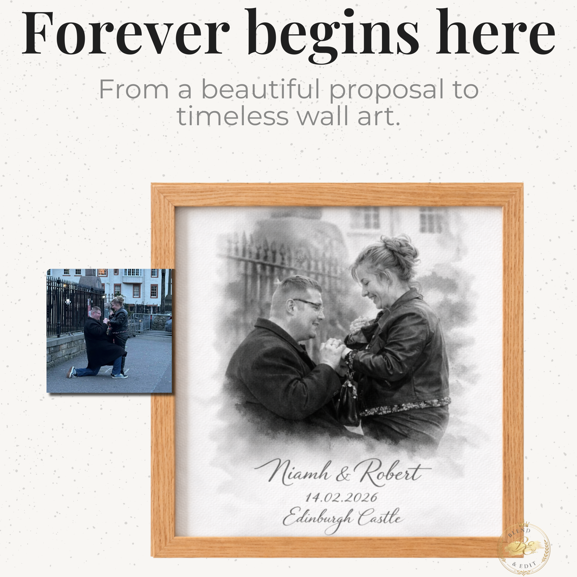 Personalised Engagement Photo Print – Custom Couple Portrait with Names, Date & Location