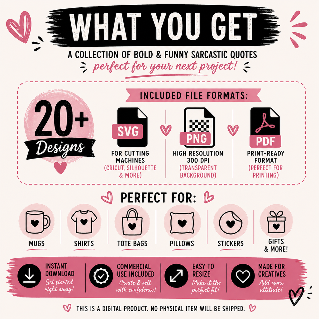Sarcastic Quote SVG Bundle | Funny Quotes PNG SVG PDF | Cricut & Silhouette Files | Commercial Use Digital Download