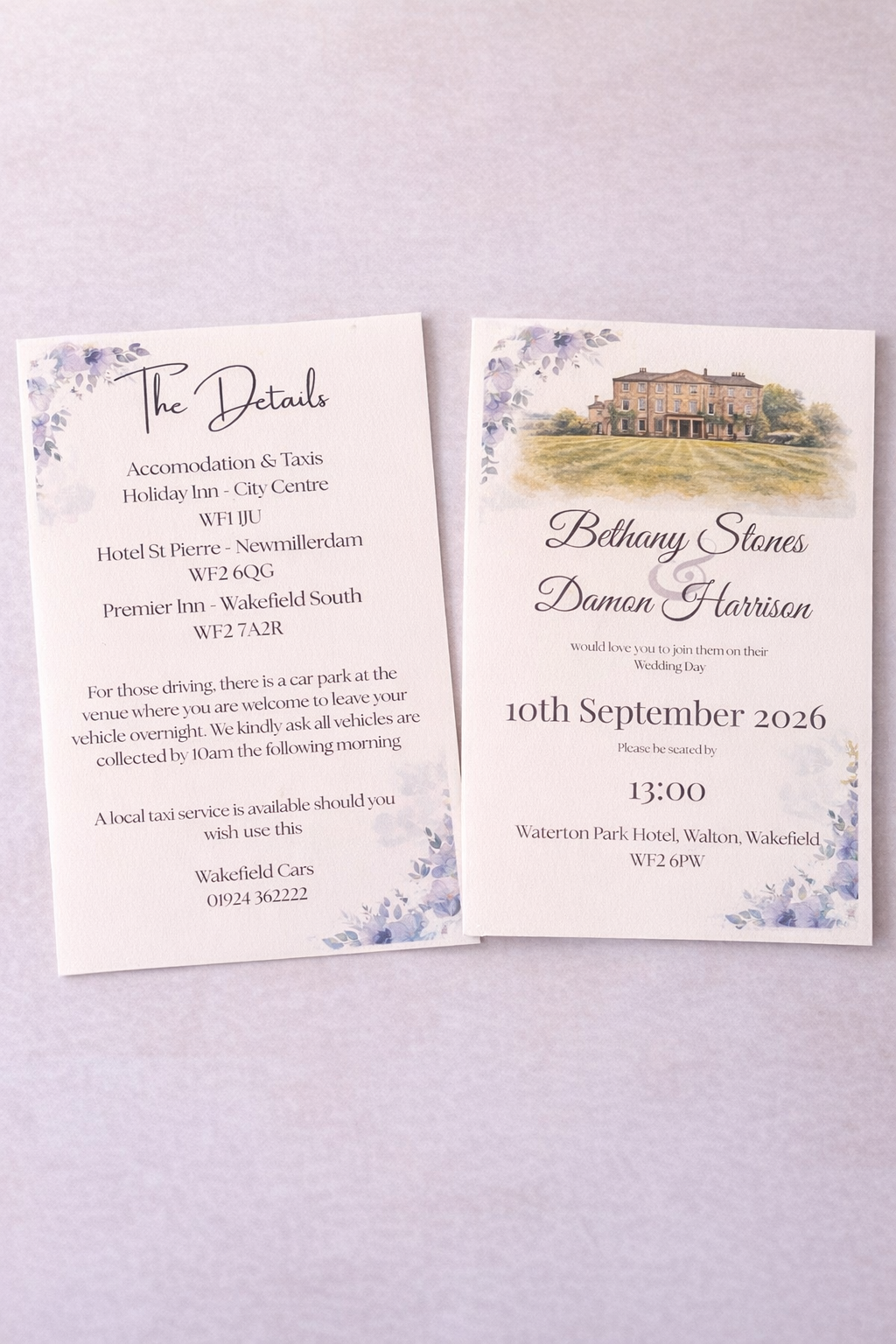 Personalised Double-Sided Wedding Invitation – Floral Watercolour Venue Invite