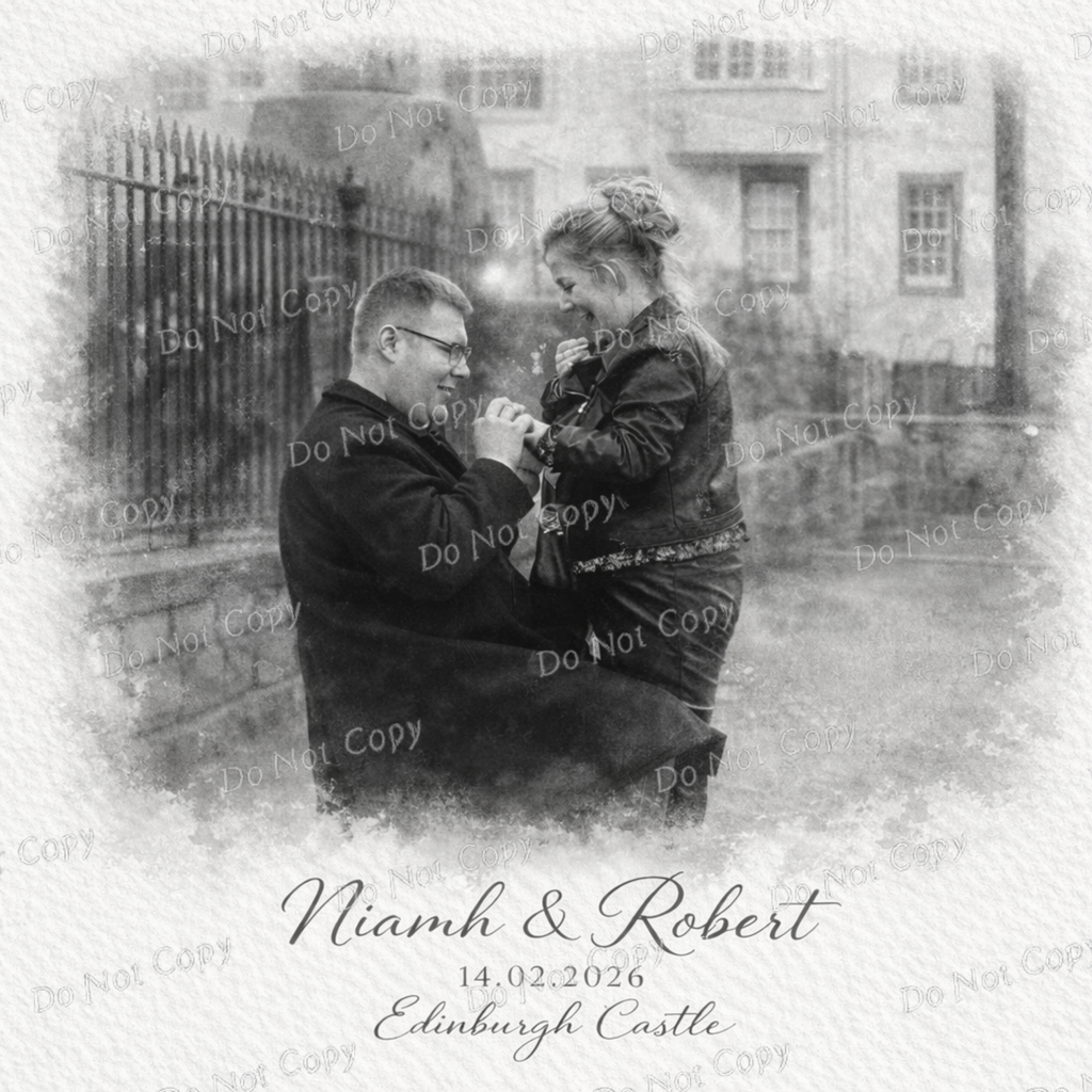 Personalised Engagement Photo Print – Custom Couple Portrait with Names, Date & Location